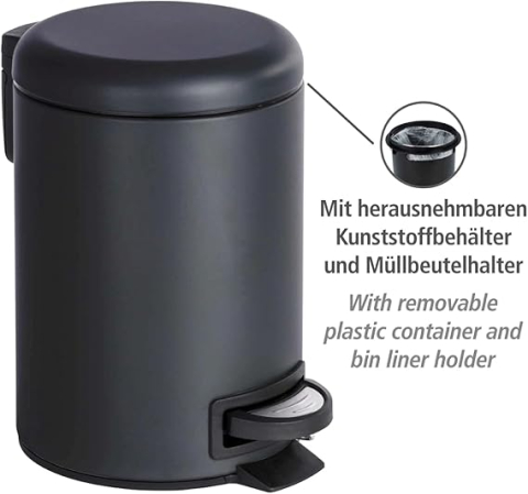 Coș Cosmetic cu Pedală WENKO Leman, Negru Mat, 3 L – Coș de Gunoi pentru Baie și WC de Oaspeți, din Oțel [2]