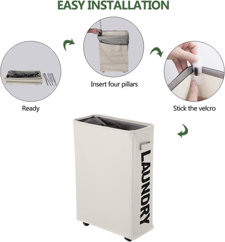 Coș de Rufe Îngust, Pliabil, Impermeabil, cu Roți – Colector de Rufe pentru Dormitor, Casă, Hotel, 39 x 18,5 x 58 cm [2]