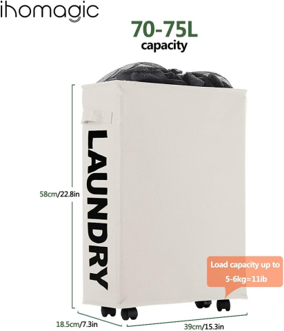 Coș de Rufe Îngust, Pliabil, Impermeabil, cu Roți – Colector de Rufe pentru Dormitor, Casă, Hotel, 39 x 18,5 x 58 cm [3]