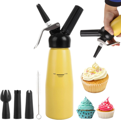 Ustensile de bucătărie - ASelected Dispenser Frișcă Profesional 500 ml – Aluminiu, 3 Duze Inox, Anti-Scurgere