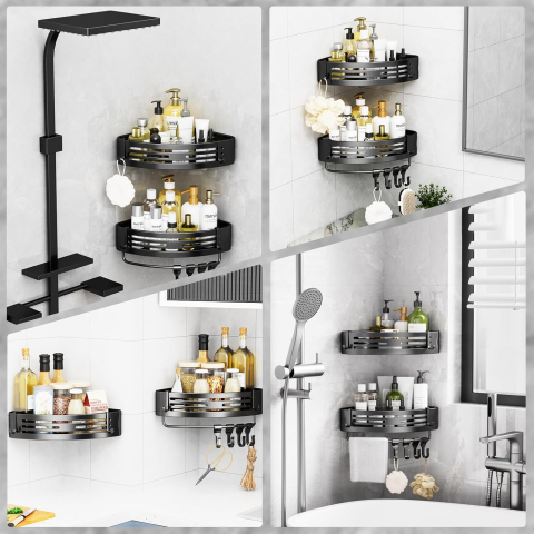 Raft colț duș fără găurire – Set 2 etajere metalice negre cu cârlige, anti-rugină, adeziv puternic [1]