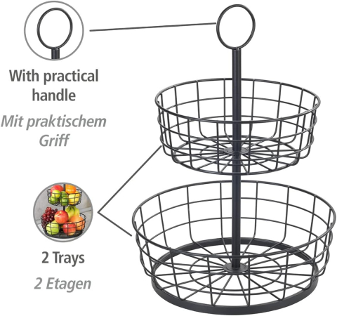 WENKO Suport Metalic 2 Niveluri – Coș Fructe & Organizator Bucătărie, Design Industrial, Negru [4]