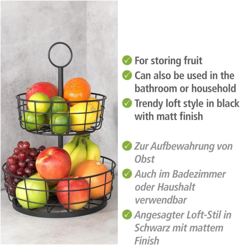 WENKO Suport Metalic 2 Niveluri – Coș Fructe & Organizator Bucătărie, Design Industrial, Negru [2]
