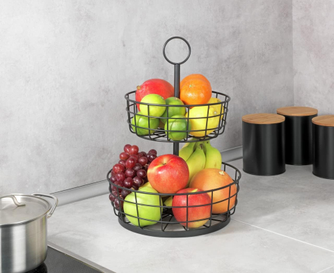 WENKO Suport Metalic 2 Niveluri – Coș Fructe & Organizator Bucătărie, Design Industrial, Negru [3]
