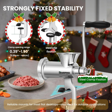 Mașină de Tocat Carne Manuală Huanyu, Inox, Mărimea 12 – cu Funcție de Umplut Cârnați, pentru Carne, Pește și Legume [2]