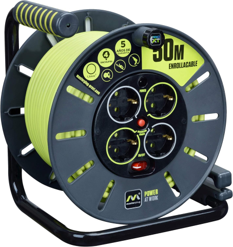 Noutăți - Tambur cablu prelungitor 50 m cu 4 prize și protecție termică – robust pentru exterior/interior – Masterplug Pro-XT