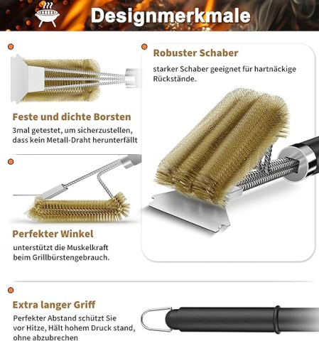 Perie grătar 3-în-1 TNTOR – Set 2 buc., peri alamă + răzuitor inox – Curățare rapidă grătar [1]