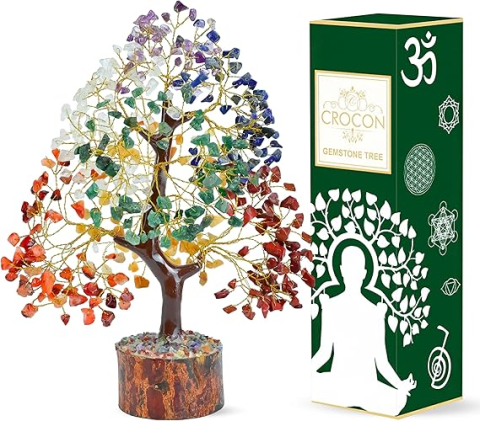 Pomisor Feng Shui din Cristale Naturale „Seven Chakra” Crocon – Bonsai din Pietre Semiprețioase pentru Noroc, Bani, Armonie și Energie Pozitivă, 25–30 cm, Sârmă Aurie & Argintie [2]