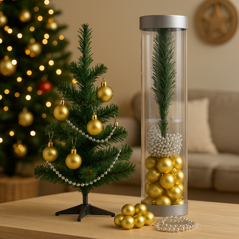 Casă - Set Brad Decorativ Mini + Globuri Aurii & Ghirlandă – Kit Crăciun în Tub Transparent