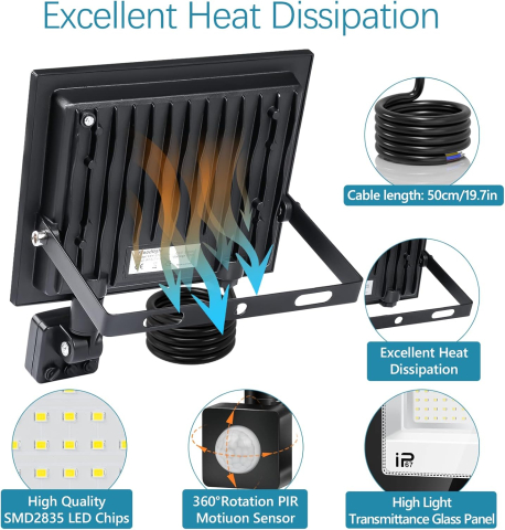 Proiector LED 50W cu Senzor Mișcare PIR – 5000LM, IP67, 7000K, Exterior [1]
