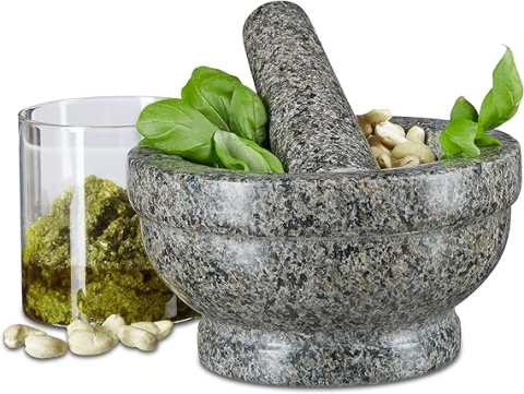 Ustensile de bucătărie - Pistil și Mojar din Granit, 17 cm, Robust și Durabil, Granit Natural Șlefuit – Relaxdays