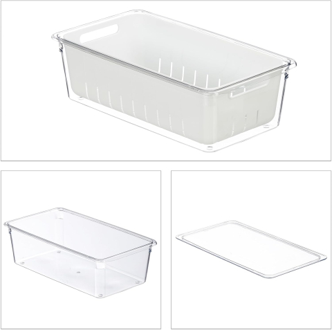Set 3 Organizatoare Frigider Relaxdays – Recipiente Stivuibile cu Coș de Scurgere și Capace, Transparent/Alb [2]