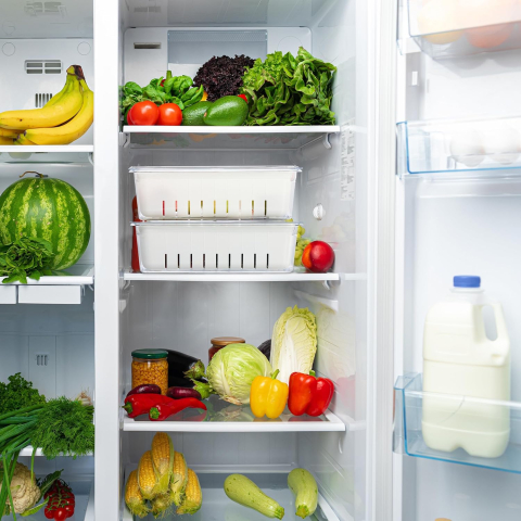 Set 3 Organizatoare Frigider Relaxdays – Recipiente Stivuibile cu Coș de Scurgere și Capace, Transparent/Alb [1]