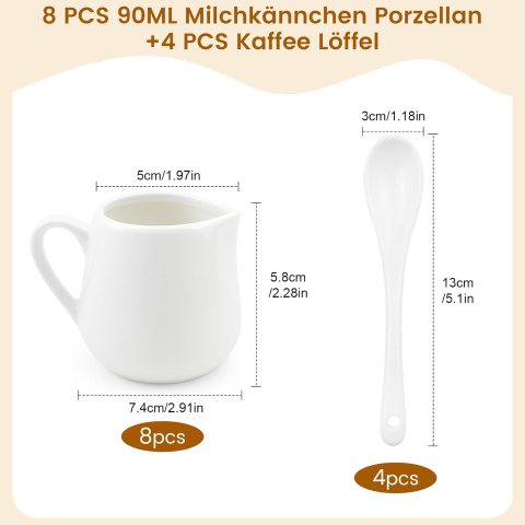 Set 6 Cănițe Porțelan 90 ml + 4 Lingurițe – Milk Jug Alb, Anti-Picurare [2]