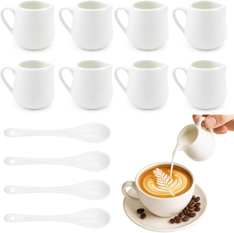 Produse - Set 6 Cănițe Porțelan 90 ml + 4 Lingurițe – Milk Jug Alb, Anti-Picurare
