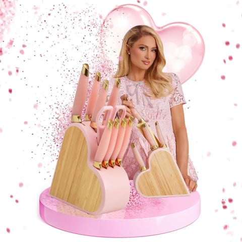 Bucătărie - Set Cuțite 7 Piese cu Bloc Bambus – Paris Hilton, Inox, Roz