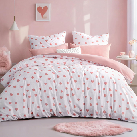 Casă - RUIKASI Set Lenjerie Pat 200×220 cm – 3 Piese, Microfibră Moale, Roz cu Inimioare