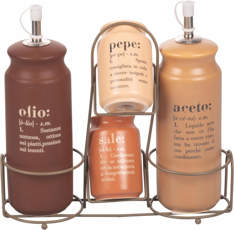 Recipiente depozitare și pentru deplasare - Set suport condimente ulei–otet–sare–piper, ceramică & inox – Villa d’Este Home Tivoli Victionary