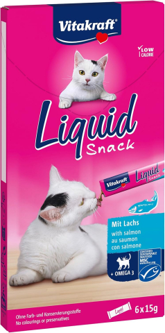 Hrană pentru animale de companie - Vitakraft Liquid Snack Omega-3 cu Somon – 6 Plicuri, Snack Lichid Pisici