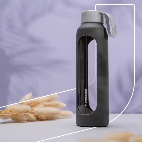 Wessper Sticlă Apă 500 ml – Borosilicat, Marcaj Orare, Anti-Scurgere, BPA-Free, Gri [3]