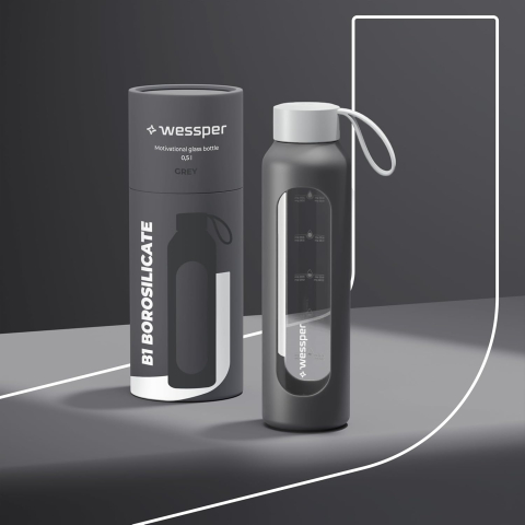 Wessper Sticlă Apă 500 ml – Borosilicat, Marcaj Orare, Anti-Scurgere, BPA-Free, Gri [1]