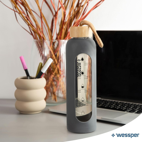 Wessper Sticlă Apă 500 ml – Borosilicat, Marcaj Orare, Anti-Scurgere, BPA-Free, Gri [2]
