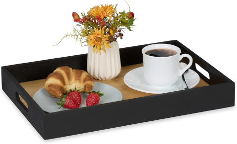 Bucătărie - Tavă Servire Bambus & MDF Relaxdays – 40.5×28 cm, Margine Înaltă, Negru/Natural