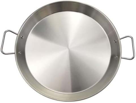 Tăvi și tigăi - Tigaie Paella din Inox Baumalu, 40 cm – Compatibilă cu Toate Tipurile de Plite (Inclusiv Inducție), Capacitate Mare pentru 9 Persoane, Mânere Nituite, Încălzire Rapidă