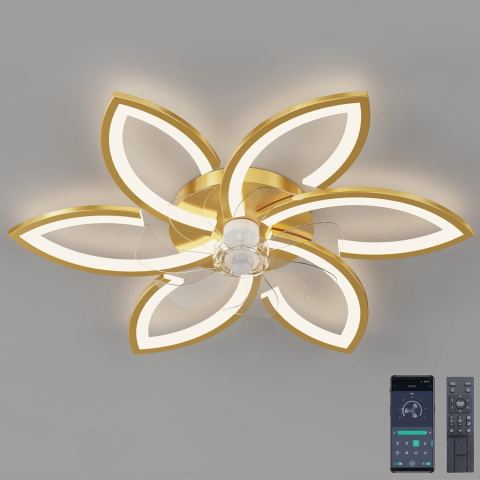 Lămpi și corpuri de iluminat - Ventilator de Tavan Silențios cu Lumină – 70W, Design Floral Acrilic, Control prin Telecomandă & Aplicație, 3000K–6000K, Dimmable (Auriu)
