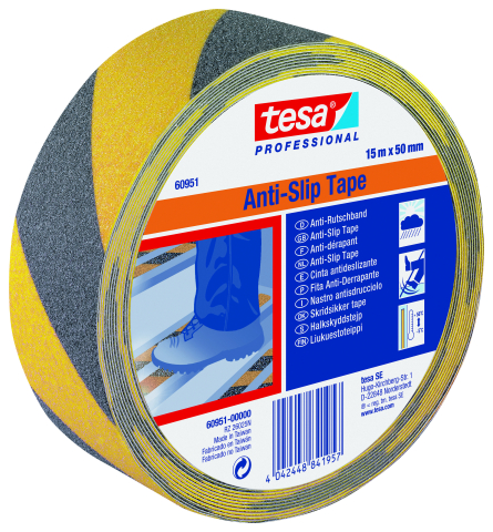 Benzi antialunecare - Bandă adezivă antialunecare, galben/negru, 15m x 50mm - Tesa 60951