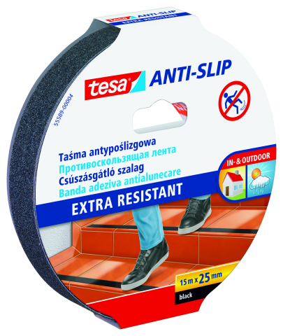 Benzi antialunecare - Bandă adezivă antialunecare, negru, 15m x 25mm - Tesa 55589