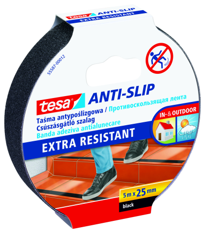 Benzi antialunecare - Bandă adezivă antialunecare, negru, 5m x 25mm - Tesa 55587