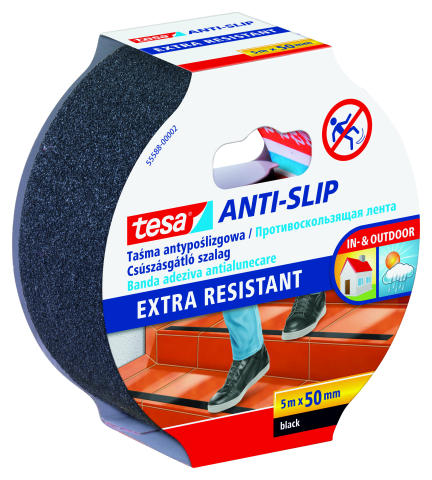 Benzi antialunecare - Bandă adezivă antialunecare, negru, 5m x 50mm - Tesa 55588