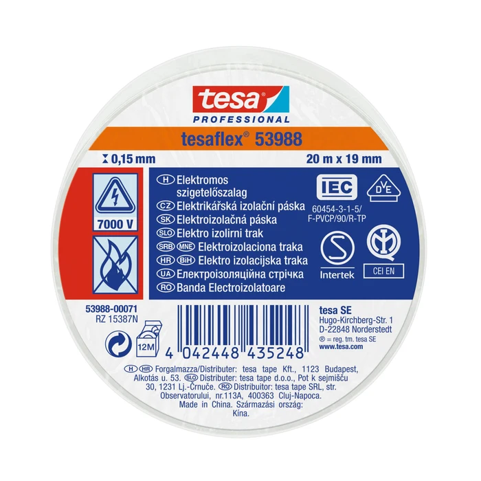 Benzi electroizolante / matisare - Bandă de izolație electrică tesaflex, alb, 20m x 19mm - Tesa 53988
