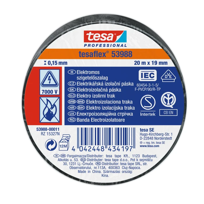 Benzi electroizolante / matisare - Bandă de izolație electrică tesaflex, negru, 20m x 19mm - Tesa 53988