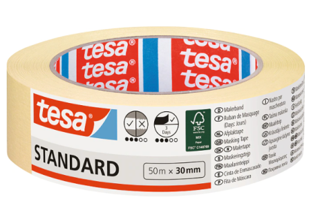 Produse - Bandă de mascare din hârtie, bej, 50m x 30mm - Tesa
