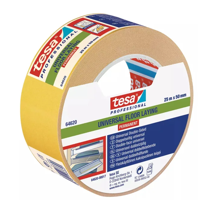 Benzi dublu adezive filmice - Bandă dublu adezivă pentru fixare, alb, 25m x 50mm - Tesa 64620