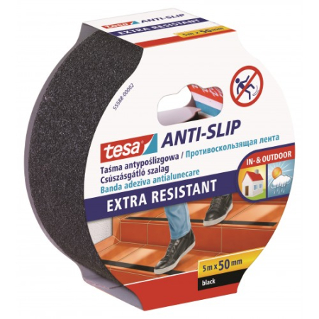 Benzi antialunecare - Bandă adezivă antialunecare, negru, 5m x 50mm - Tesa 55588