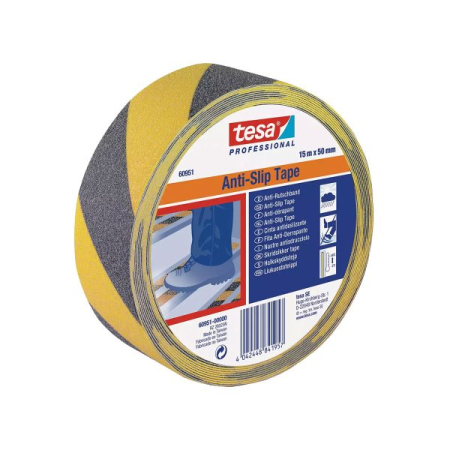 Benzi antialunecare - Bandă adezivă antialunecare, galben/negru, 15m x 50mm - Tesa 60951