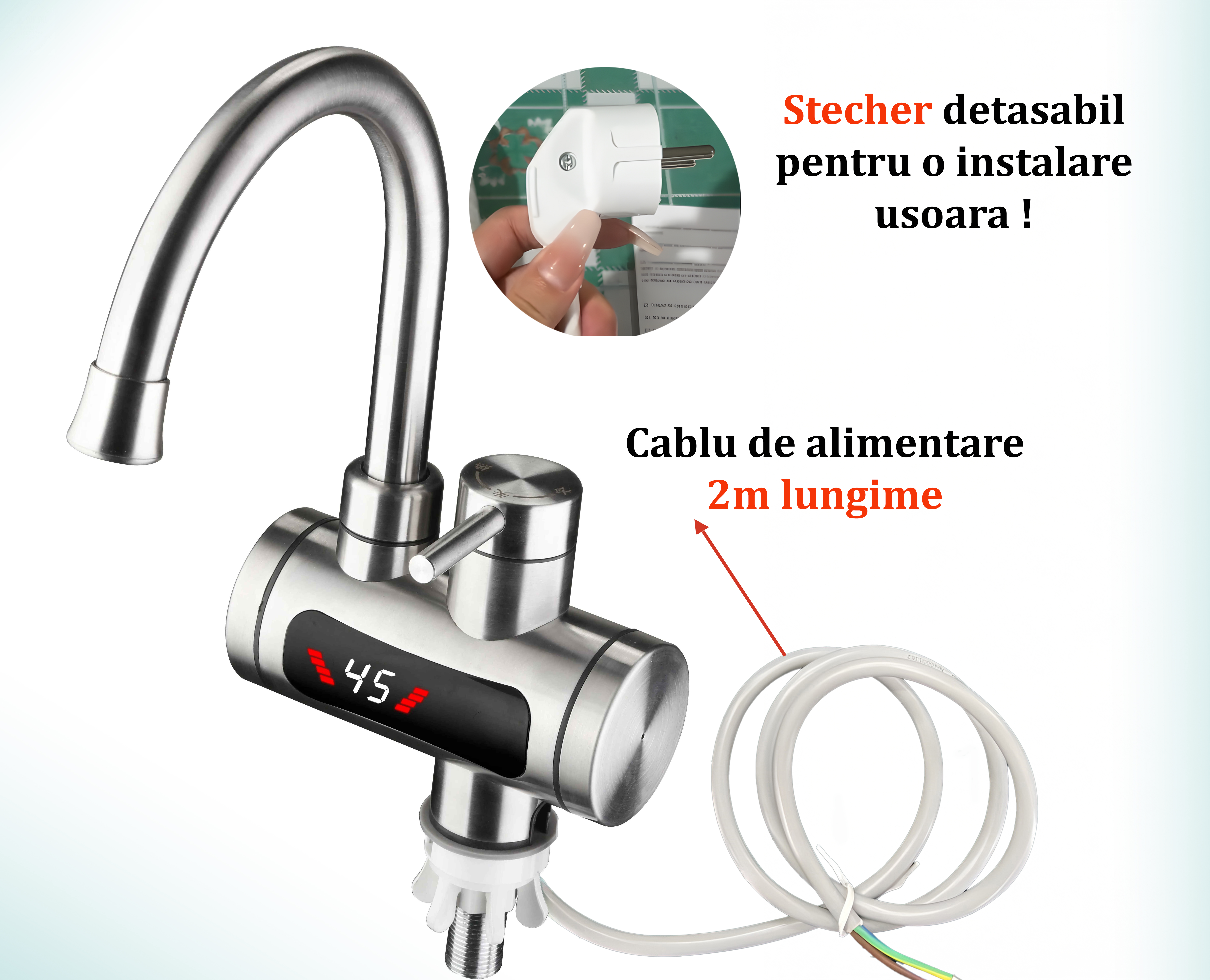 Robinet Electric, Instant, Incalzitor Instantaneu, Putere 3300W cu Afisaj LED – Apa Calda sau Rece in 3 Secunde, Design Modern din Otel Inoxidabil, Afisaj Digital al Temperaturii, Ideal pentru Baie, Bucatarie si Exterior, Rotire 360°, Instalare Rapida, Cablul de Alimentare de 2m si Stecher Detasabil [2]