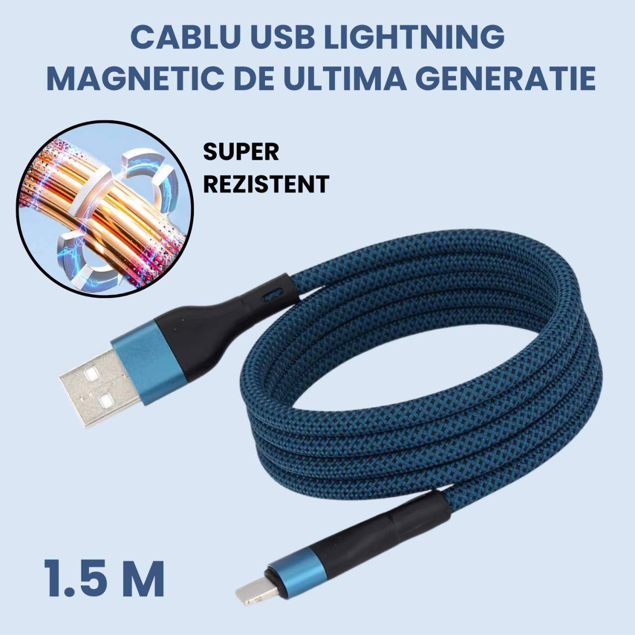 Cablu Lightning Magnetic Albastru 1.5m, USB-A, Incarcare Rapida 2A – Compatibil iPhone [2]