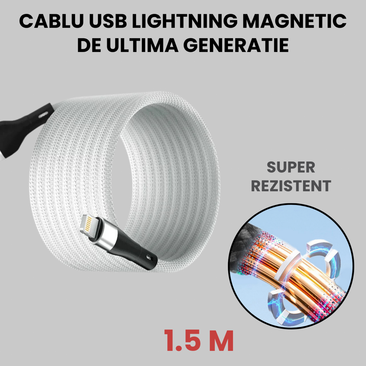 Cablu Lightning Magnetic Alb 1.5m, USB-A, Incarcare Rapida 2A – Compatibil iPhone, iPad [2]