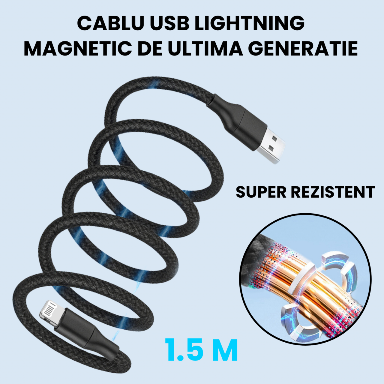 Cablu Magnetic USB-A to Lightning 1.5m, Incarcare Rapida 2A – Compatibil iPhone, iPad [3]