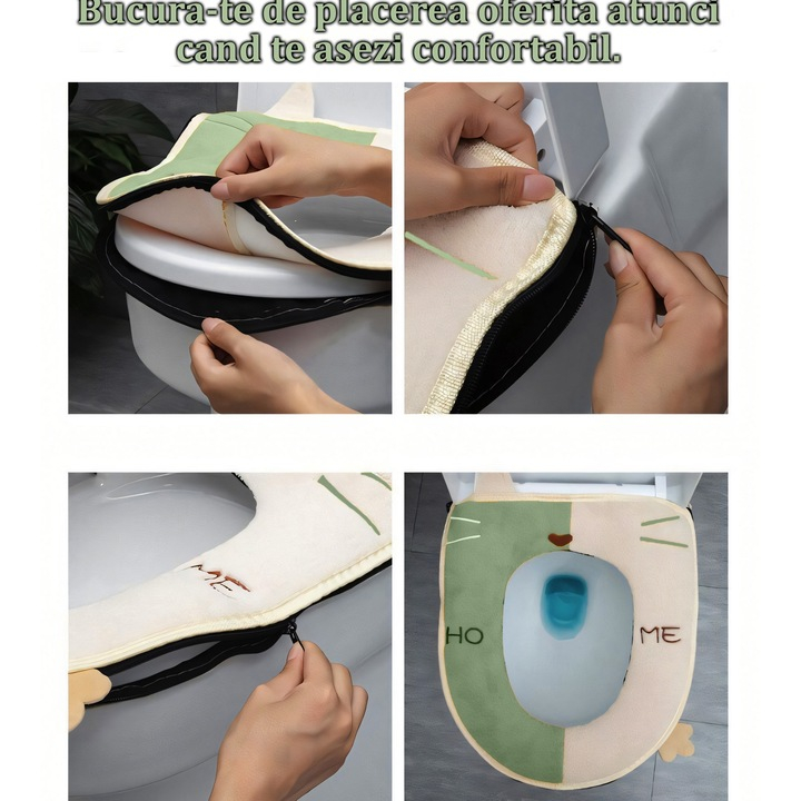 Husa Colac WC Confortabila, Moale si Calduroasa, Bumbac & Lana, Fermoar Practic, Verde cu Crem [5]
