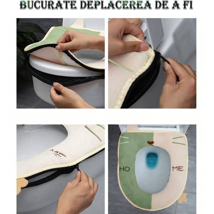 Husa Colac WC Confortabila, Moale si Calduroasa, Bumbac & Lana, Fermoar Practic, Verde cu Crem [4]