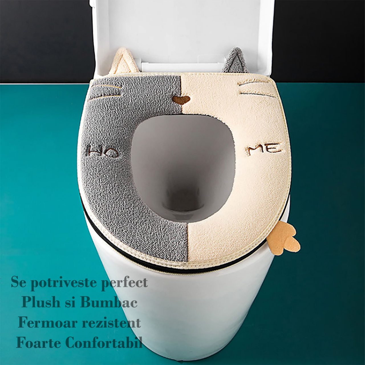 Husa Colac WC Confortabila, Moale si Pufos, Bumbac Rezistent, Fermoar Practic, Design Modern, Gri/Crem [6]