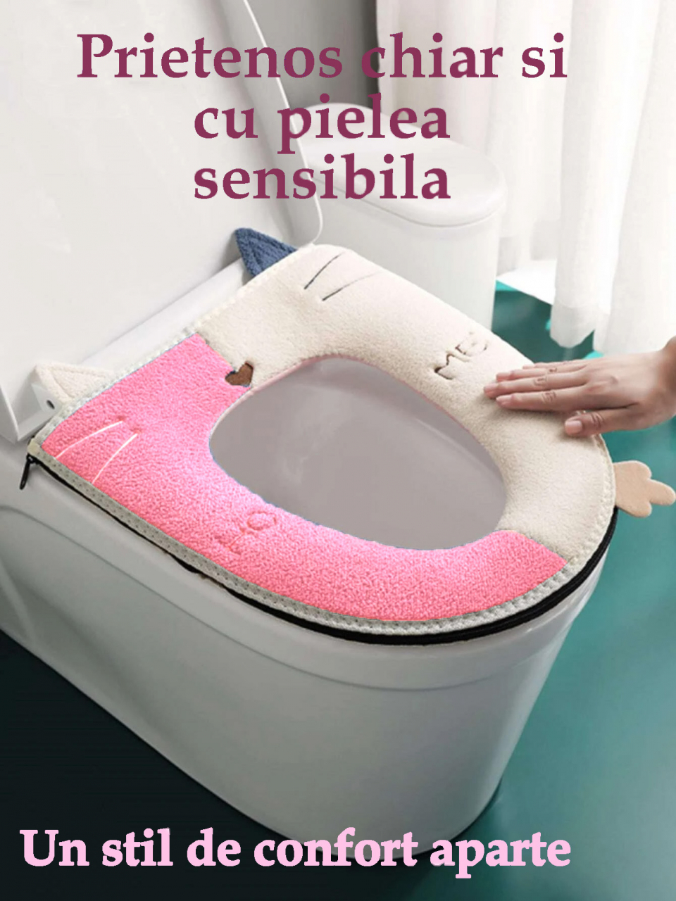 **Husa Colac WC Confortabila, Moale si Pufos, Bumbac Rezistent, Fermoar Practic, Termoizolanta, Roz/Crem, 44x38 cm** [5]