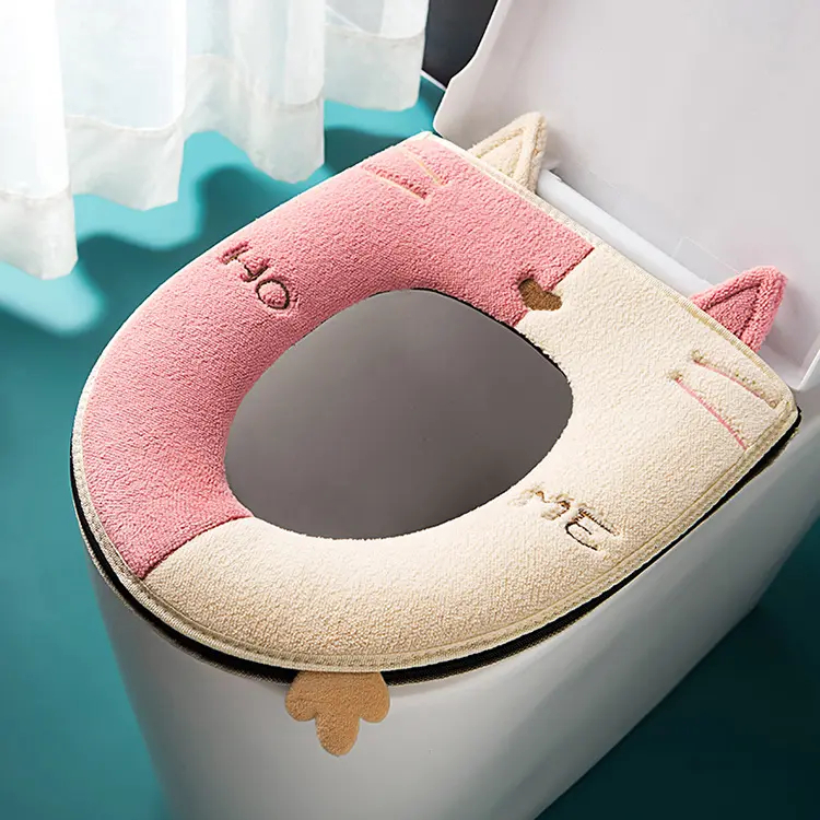 **Husa Colac WC Confortabila, Moale si Pufos, Bumbac Rezistent, Fermoar Practic, Termoizolanta, Roz/Crem, 44x38 cm** [1]