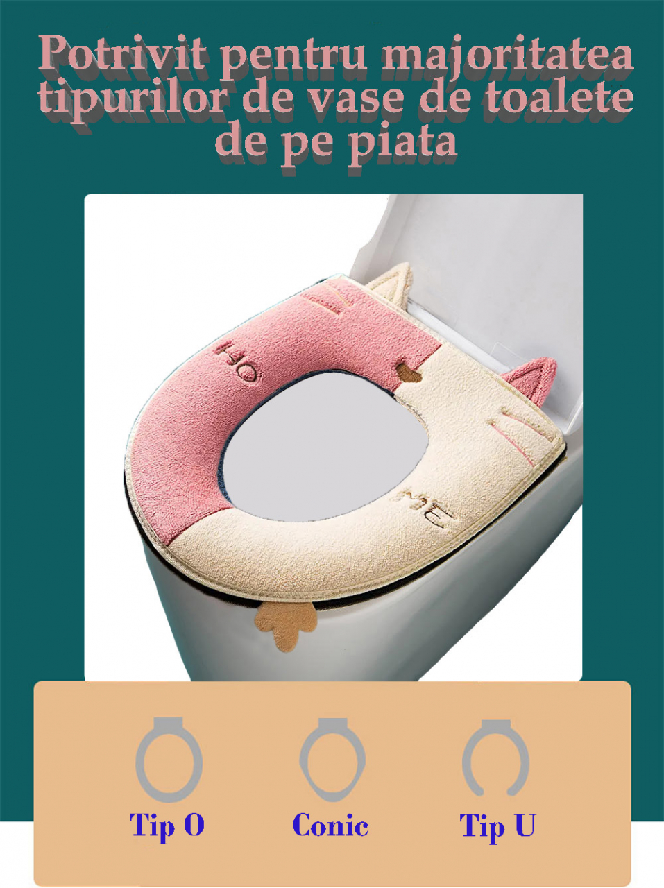 **Husa Colac WC Confortabila, Moale si Pufos, Bumbac Rezistent, Fermoar Practic, Termoizolanta, Roz/Crem, 44x38 cm** [2]