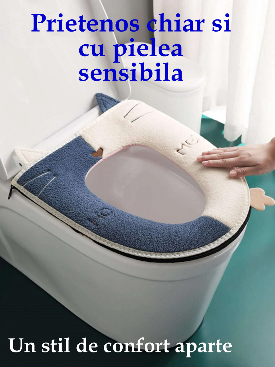 **Husa Colac WC Confortabila, Moale si Pufos, Bumbac Rezistent, Fermoar Practic, Termoizolanta, Albastru/Crem, 44x38 cm** [5]